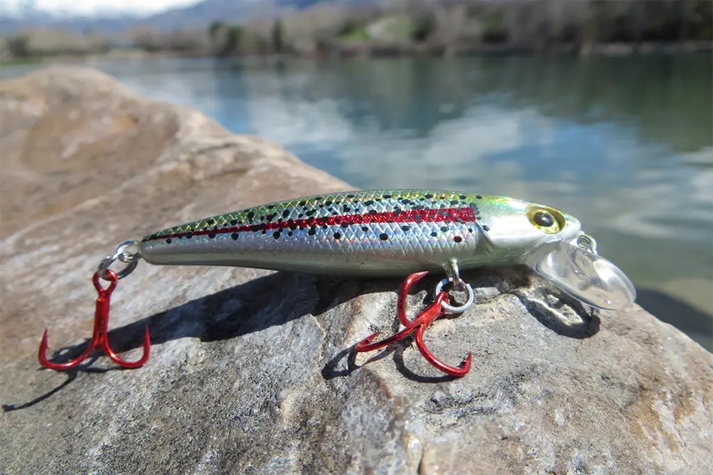 Dynamic rainbow trout fishing lure sitting on a rock by the river
