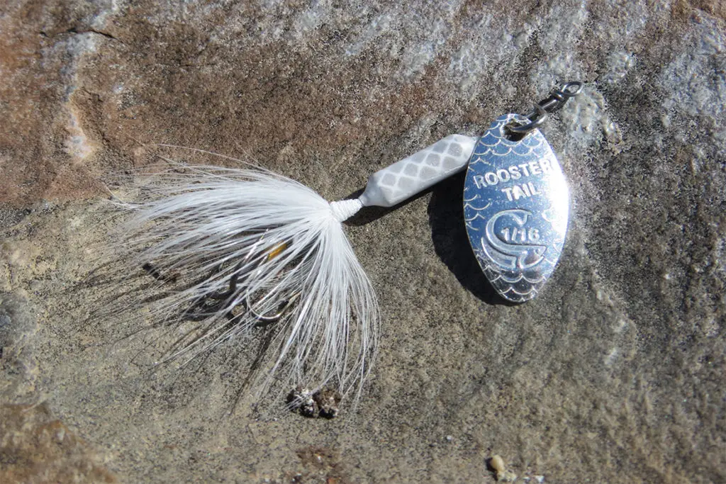 rooster tail fishing spinner sitting on a rock by the river